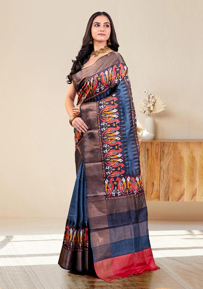 Gray Block Print Silk Saree Set - Indya