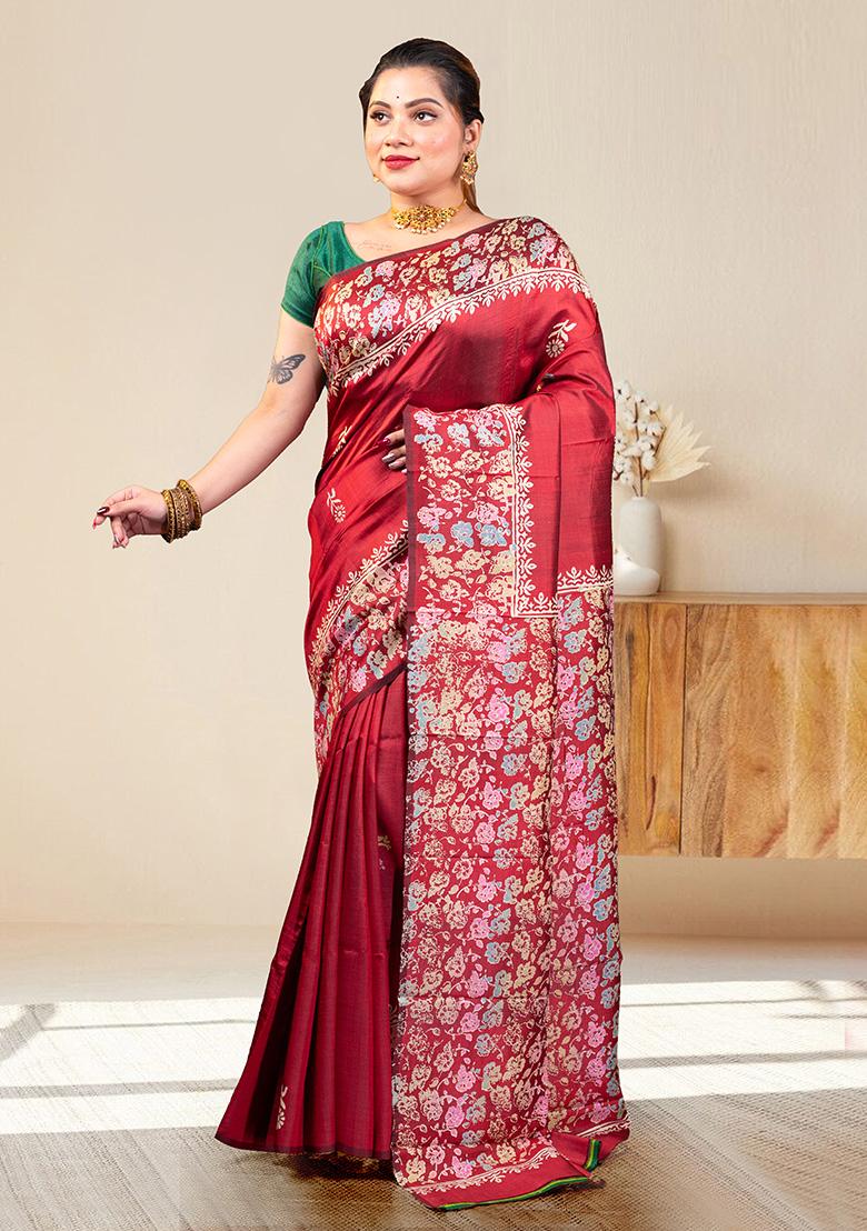 Red Self Design Silk Saree Set - Indya