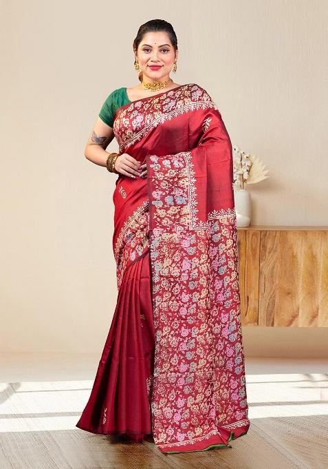 Red Self Design Silk Saree Set