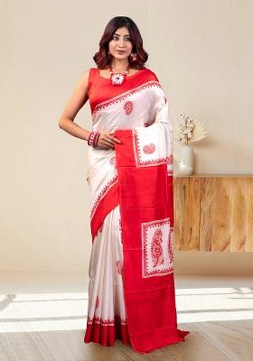 White Self Design Silk Saree Set