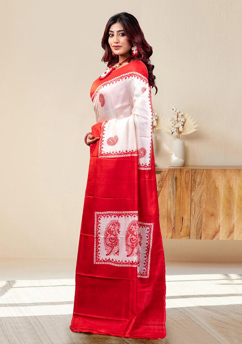 White Self Design Silk Saree Set - Indya