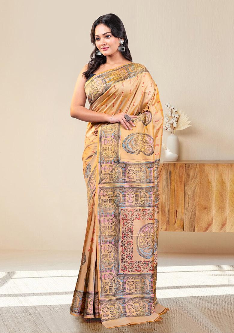Beige Self Design Silk Saree Set - Indya