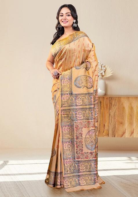 Beige Self Design Silk Saree Set