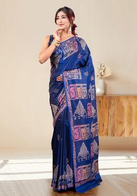Blue Self Design Silk Saree Set