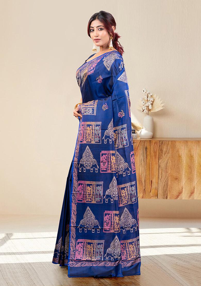 Blue Self Design Silk Saree Set - Indya