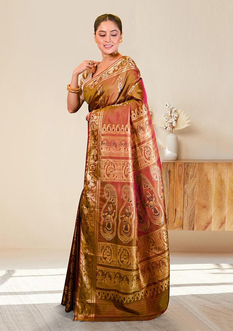 Gold Woven Silk Saree Set - Indya