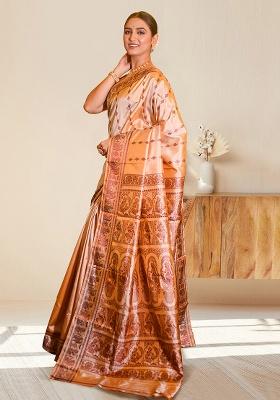 Beige Woven Silk Saree Set