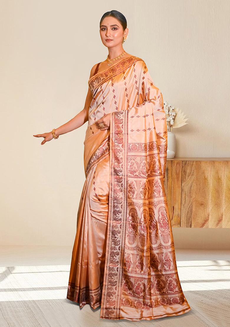 Beige Woven Silk Saree Set - Indya