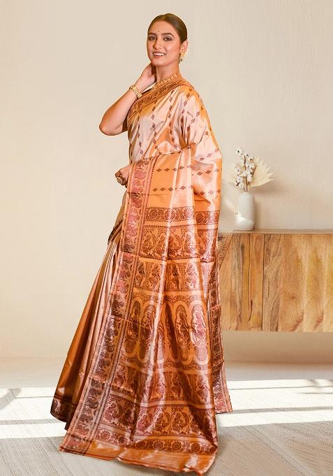 Beige Woven Silk Saree Set