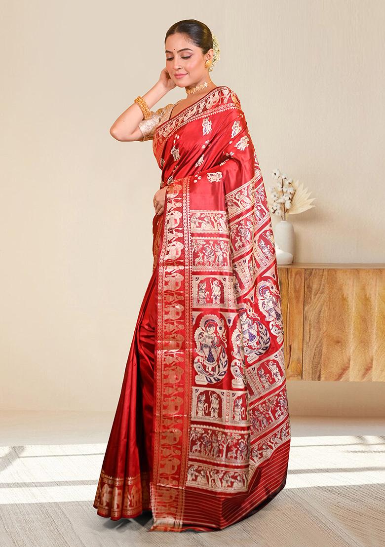 Red Woven Silk Saree Set - Indya