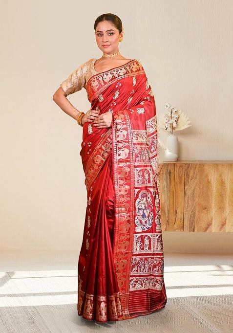 Red Woven Silk Saree Set