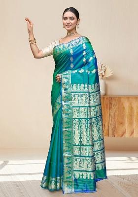 Green Woven Silk Saree Set