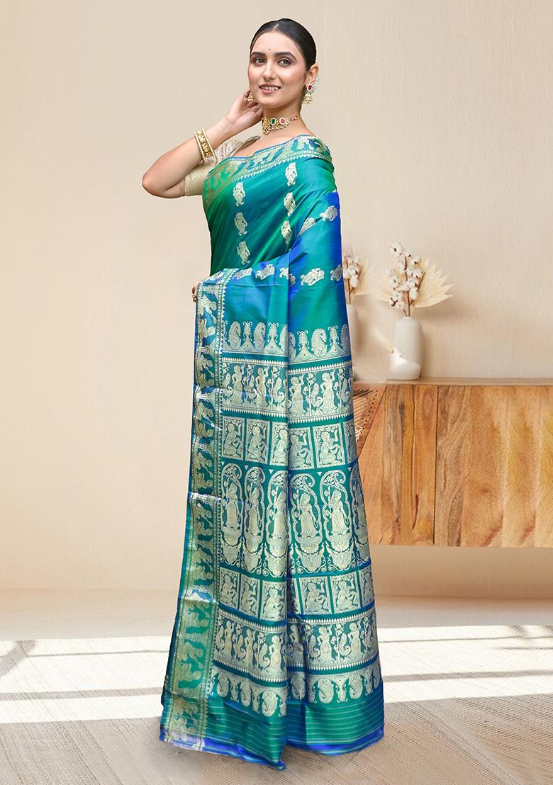 Green Woven Silk Saree Set - Indya