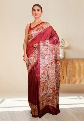 Red Block Print Silk Saree Set