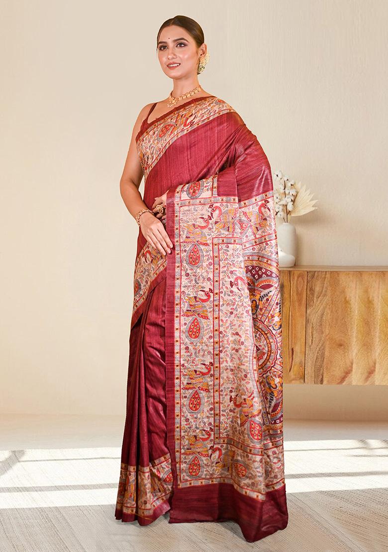 Red Block Print Silk Saree Set - Indya