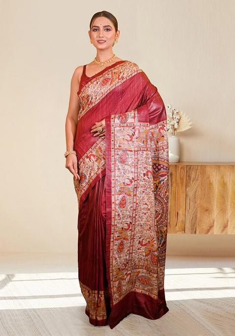Red Block Print Silk Saree Set