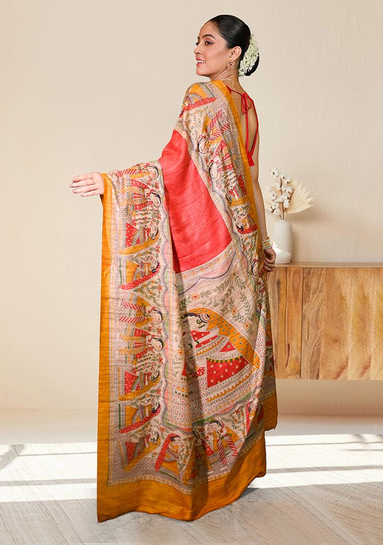 Red Block Print Silk Saree Set - Indya