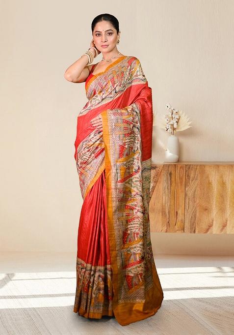 Red Block Print Silk Saree Set