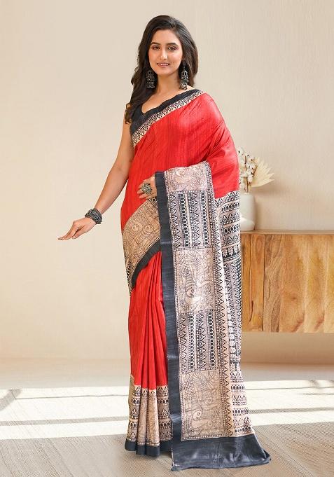 Red Block Print Silk Saree Set