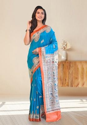 Blue Block Print Silk Saree Set