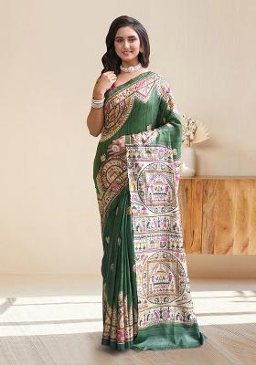 Green Block Print Silk Saree Set