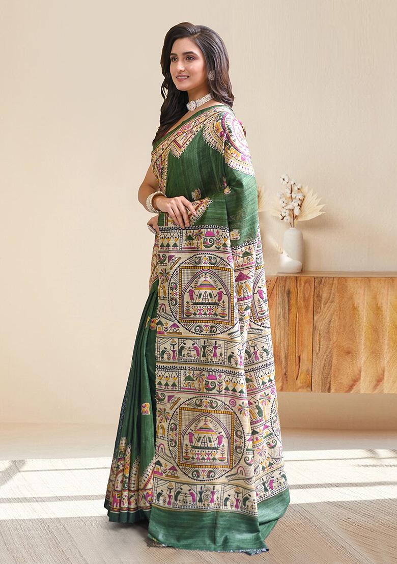 Green Block Print Silk Saree Set - Indya