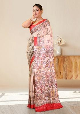 Beige Block Print Silk Saree Set