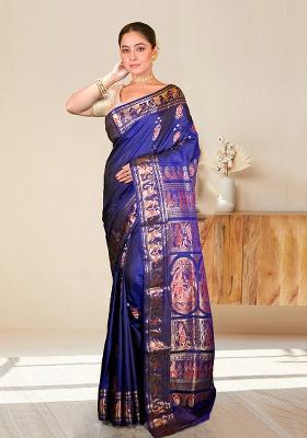 Blue Woven Silk Saree Set
