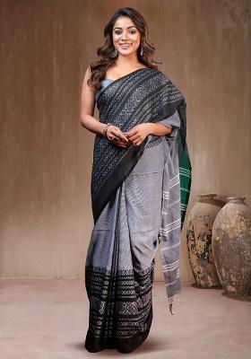 Gray Solid Silk Saree Set