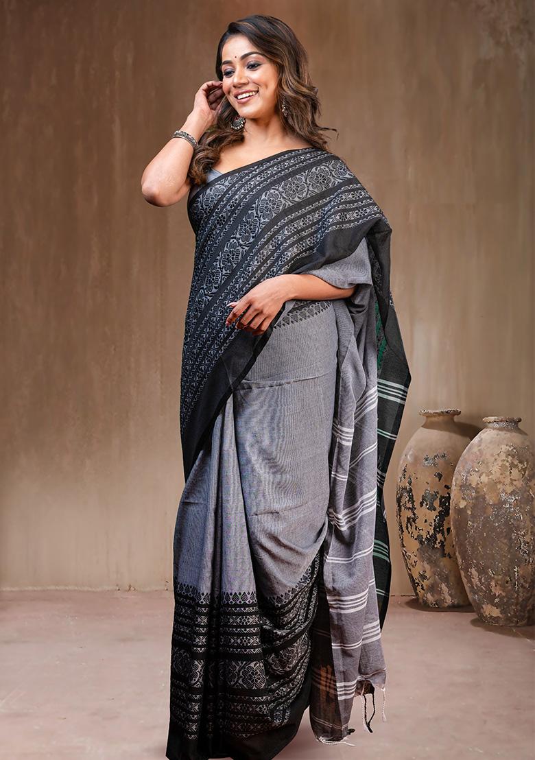 Gray Solid Silk Saree Set - Indya