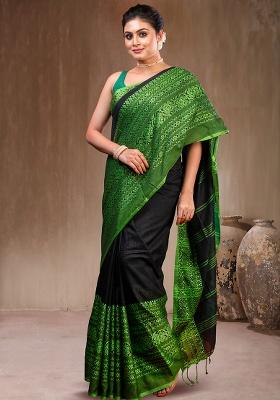 Black Solid Silk Saree Set