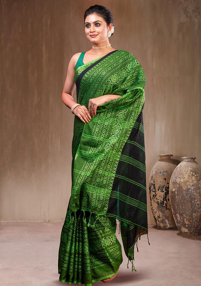 Black Solid Silk Saree Set - Indya