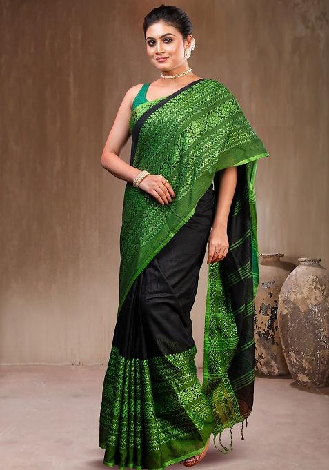 Black Solid Silk Saree Set