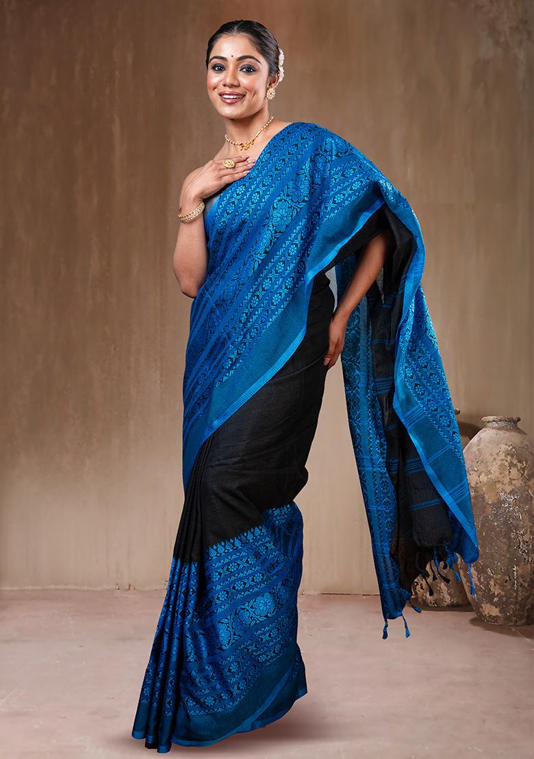 Black Solid Silk Saree Set - Indya