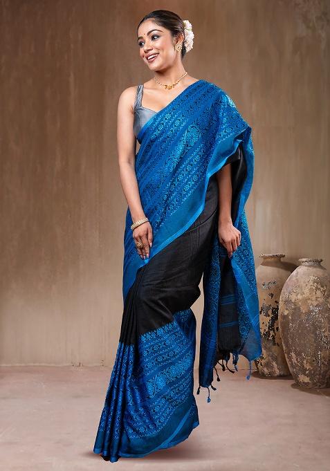 Black Solid Silk Saree Set