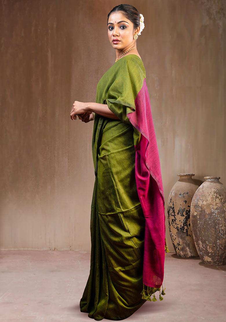 Green Solid Cotton Saree Set - Indya