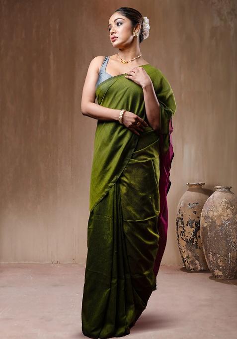Green Solid Cotton Saree Set