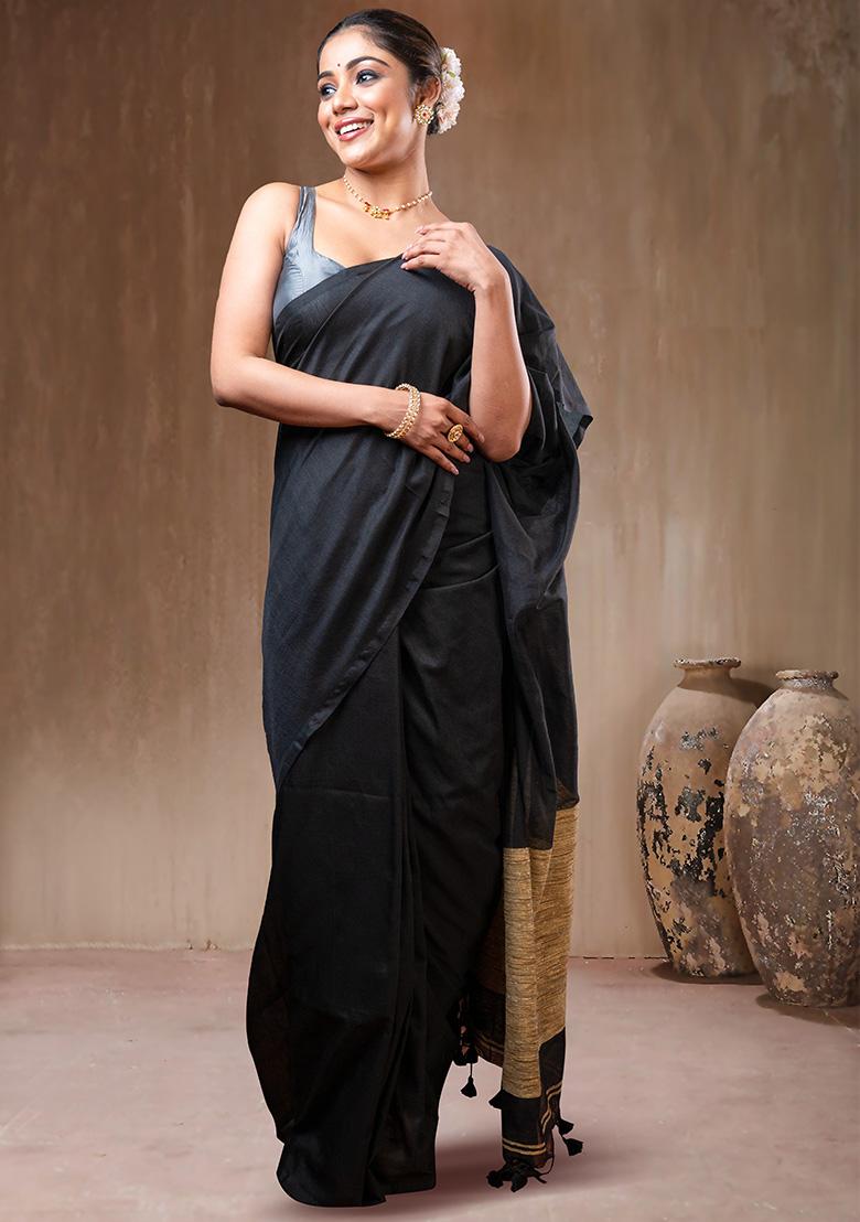 Black Solid Cotton Saree Set - Indya