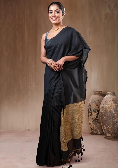 Black Solid Cotton Saree Set