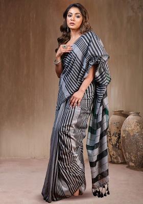 Gray Solid Cotton Saree Set