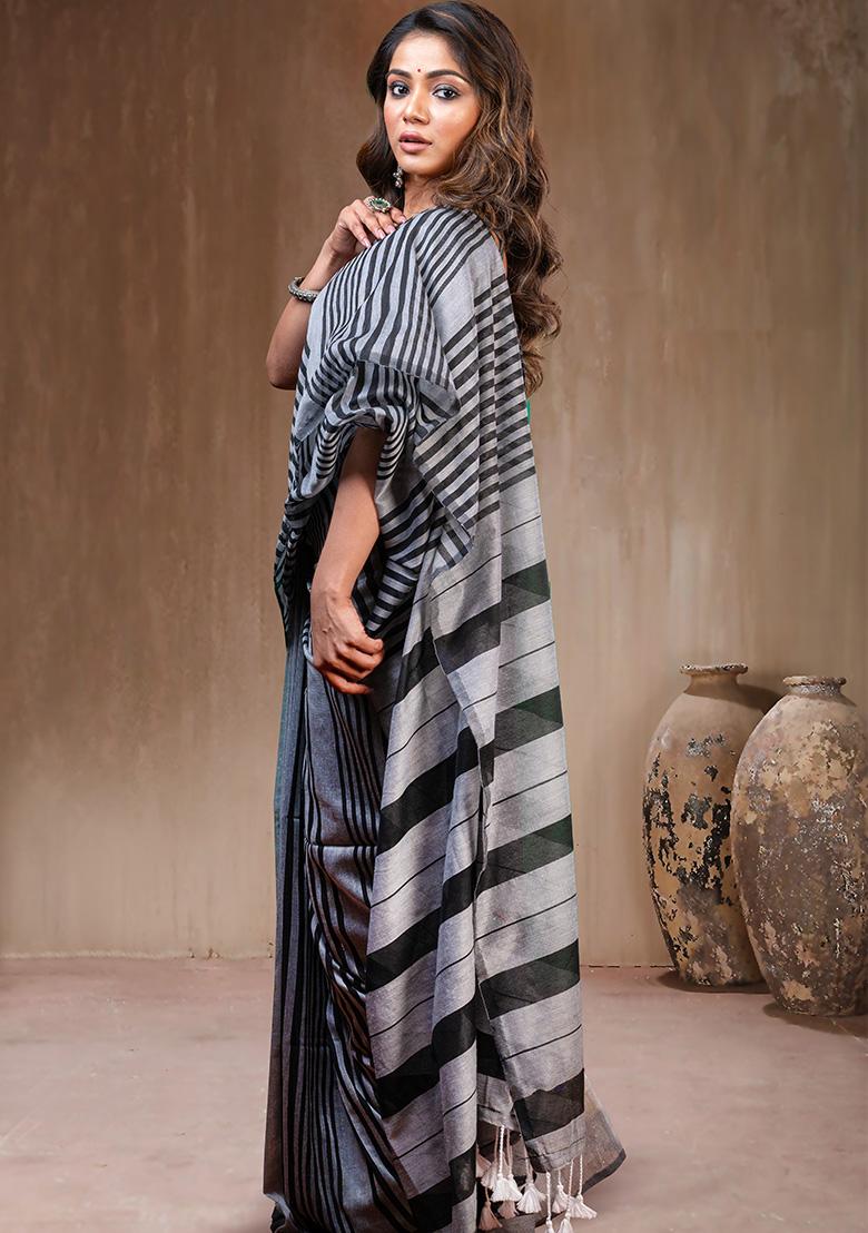 Gray Solid Cotton Saree Set - Indya