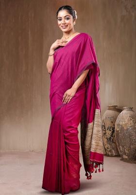 Pink Solid Cotton Saree Set