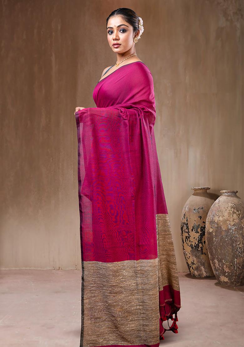 Pink Solid Cotton Saree Set - Indya