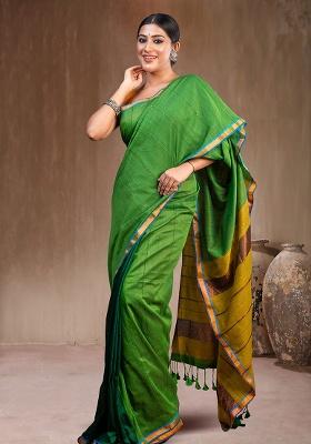 Green Solid Cotton Saree Set