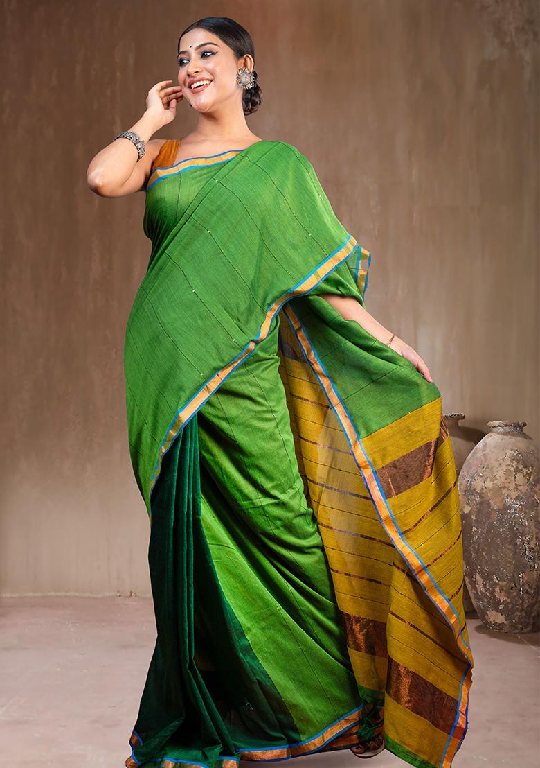 Green Solid Cotton Saree Set - Indya