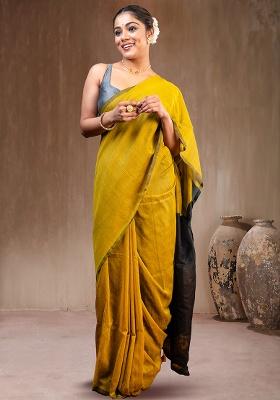 Yellow Solid Cotton Saree Set