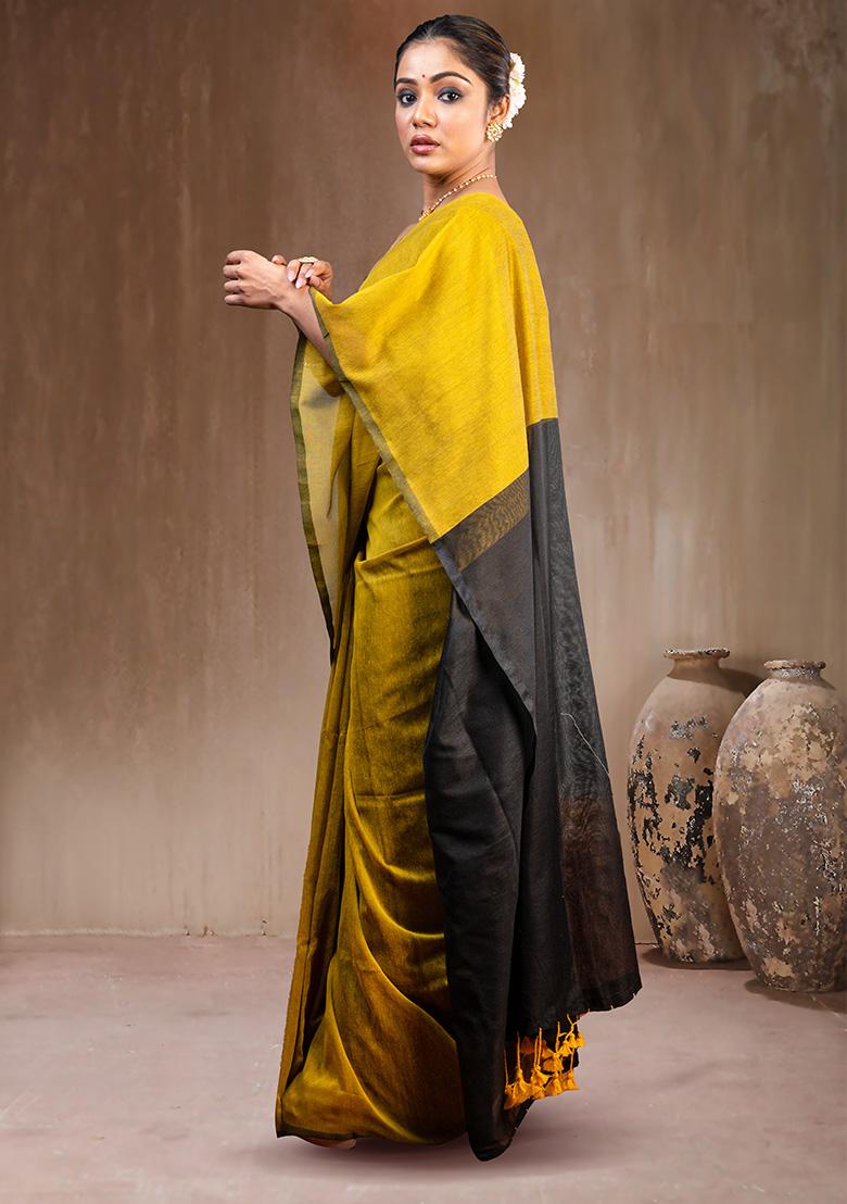Yellow Solid Cotton Saree Set - Indya