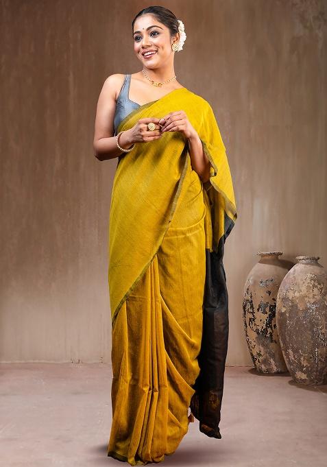 Yellow Solid Cotton Saree Set