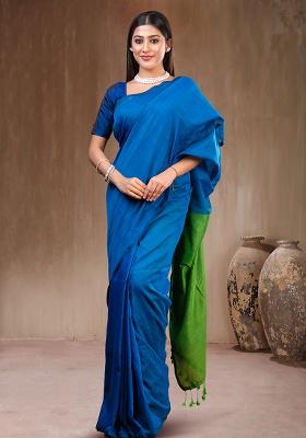 Blue Solid Cotton Saree Set