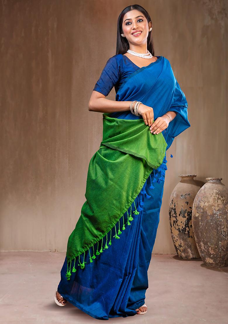 Blue Solid Cotton Saree Set - Indya